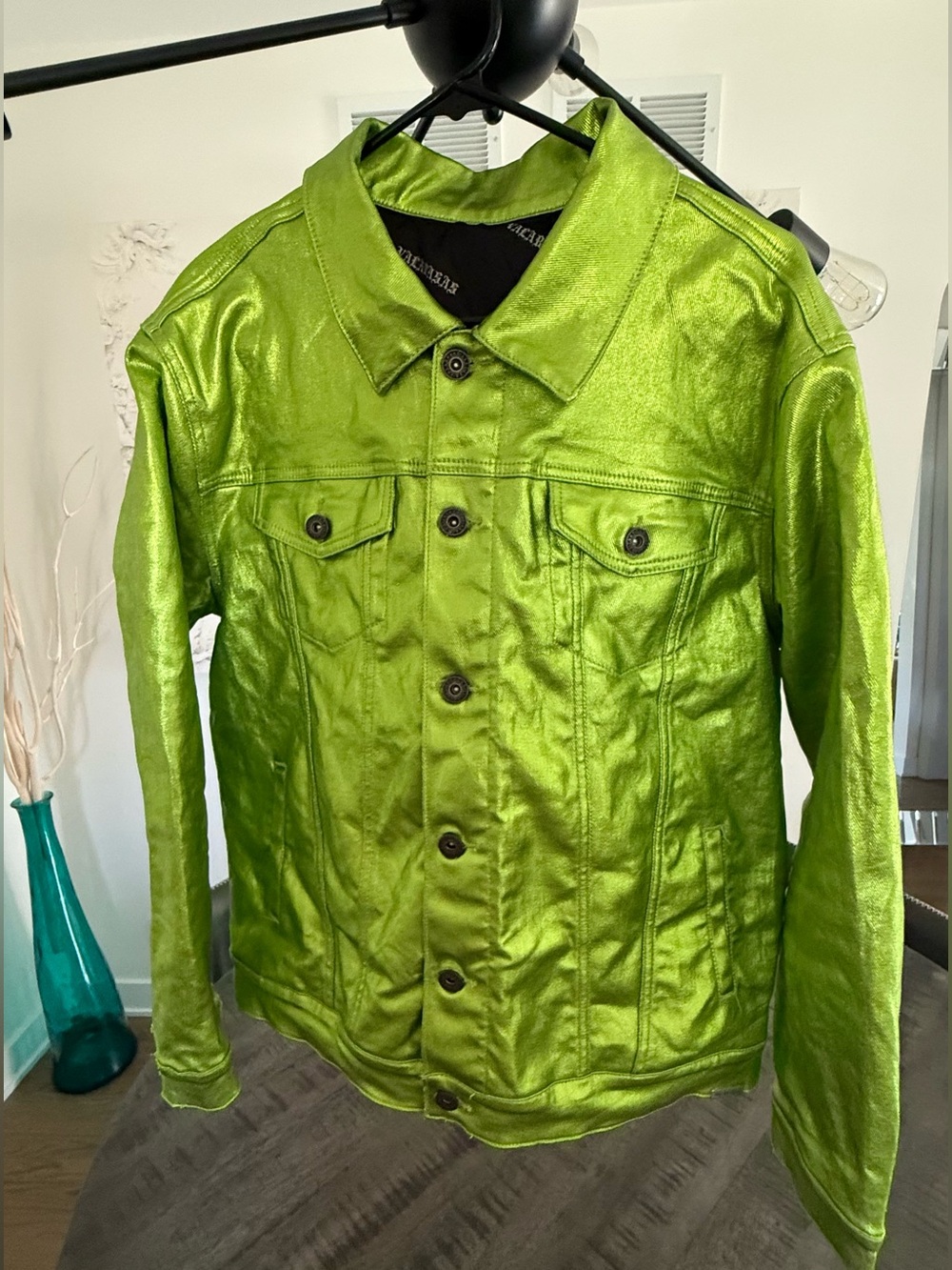 Men's Metallic Lime Green Button-Front Bomber Jacket